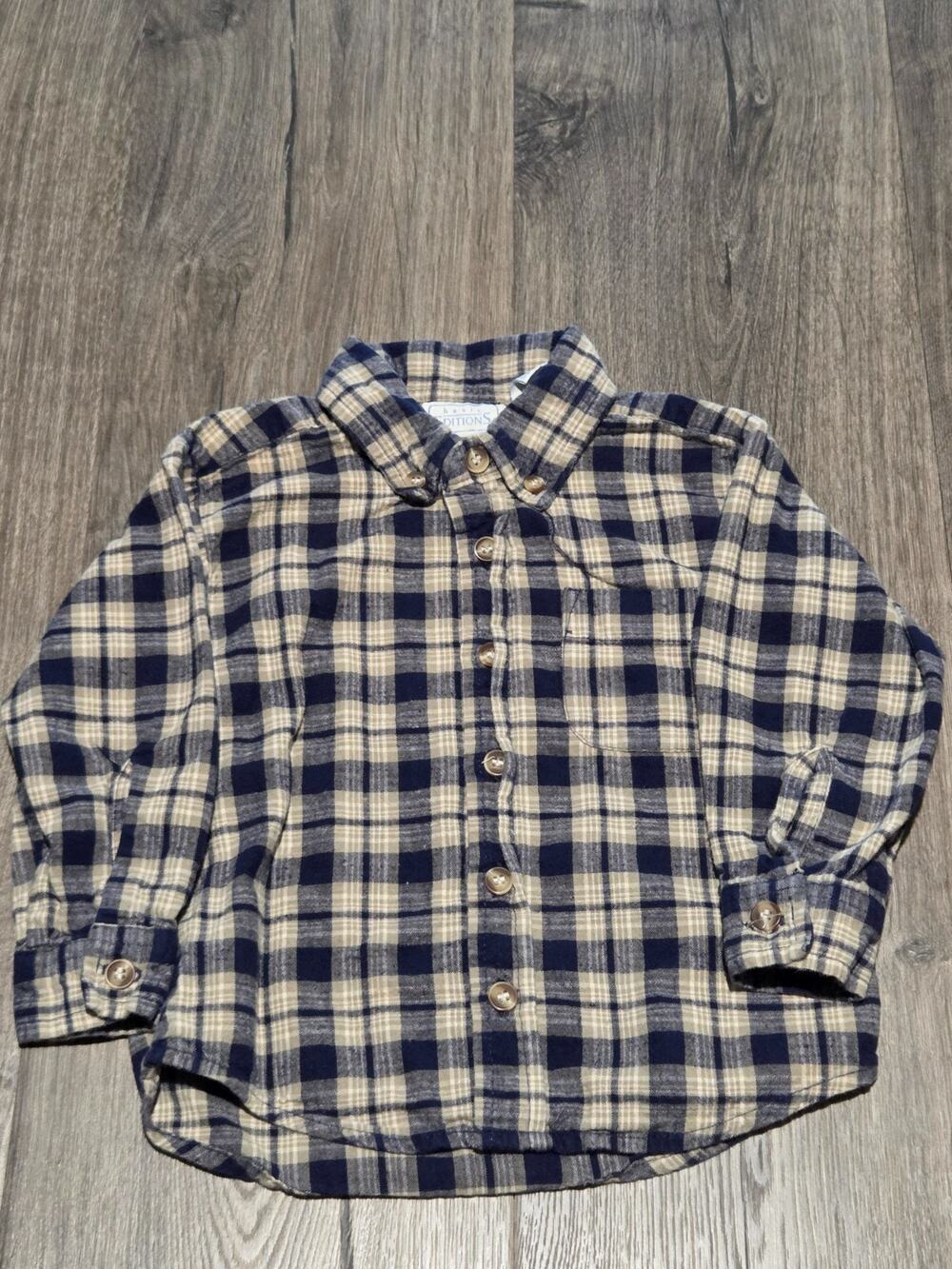 Vintage Y2K Basic Edition Flannel Shirt Blue Button Down Plaid Toddler Size 2T